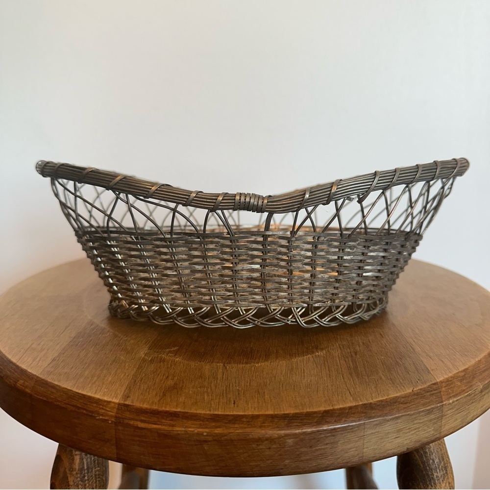 Vintage Silver Plated French Baguette  Basket Dinner Rolls Buns Woven Patina